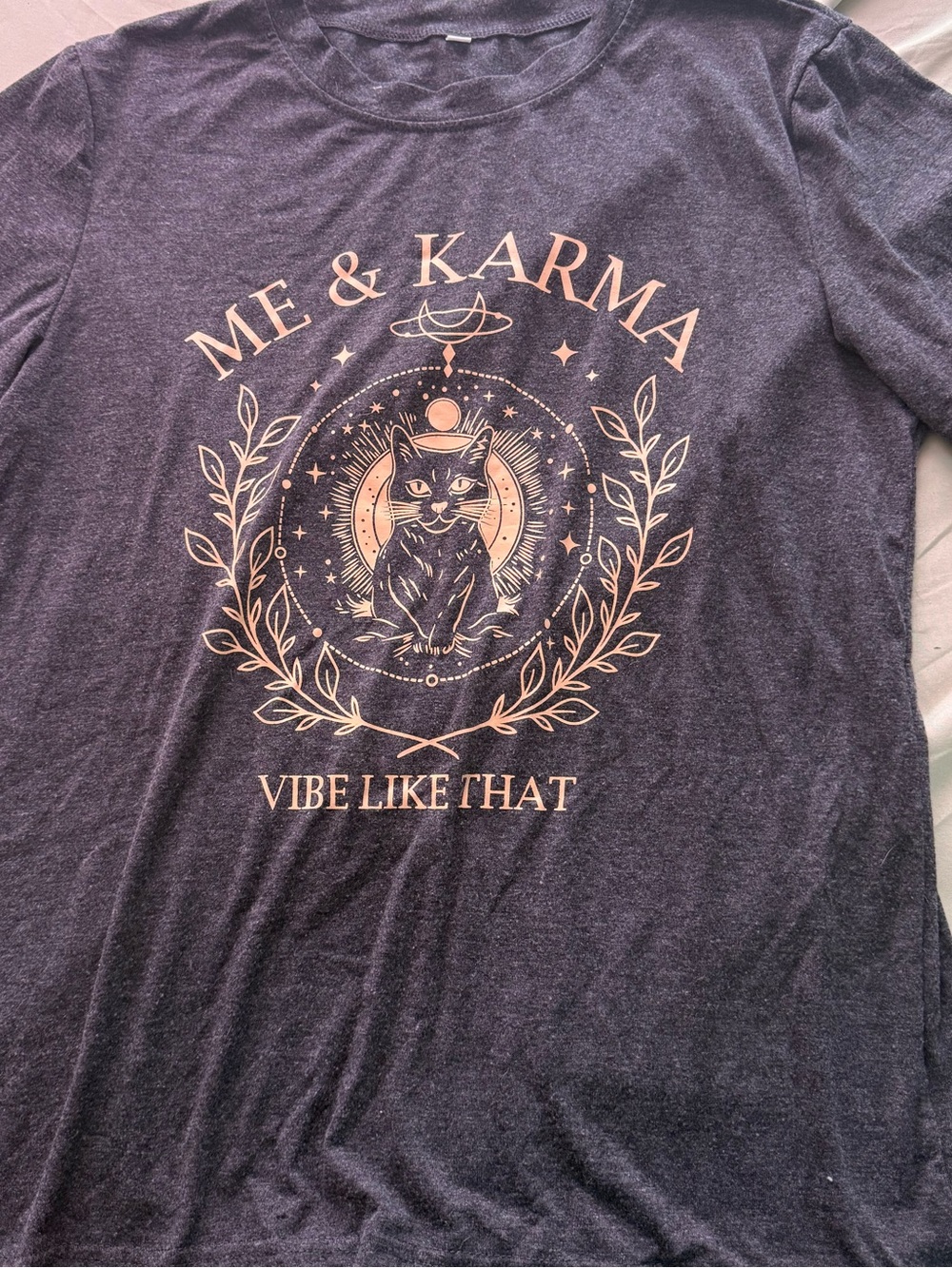 Mystical Black Cat “Me & Karma Vibe Like That” Graphic Tee | Size Medium